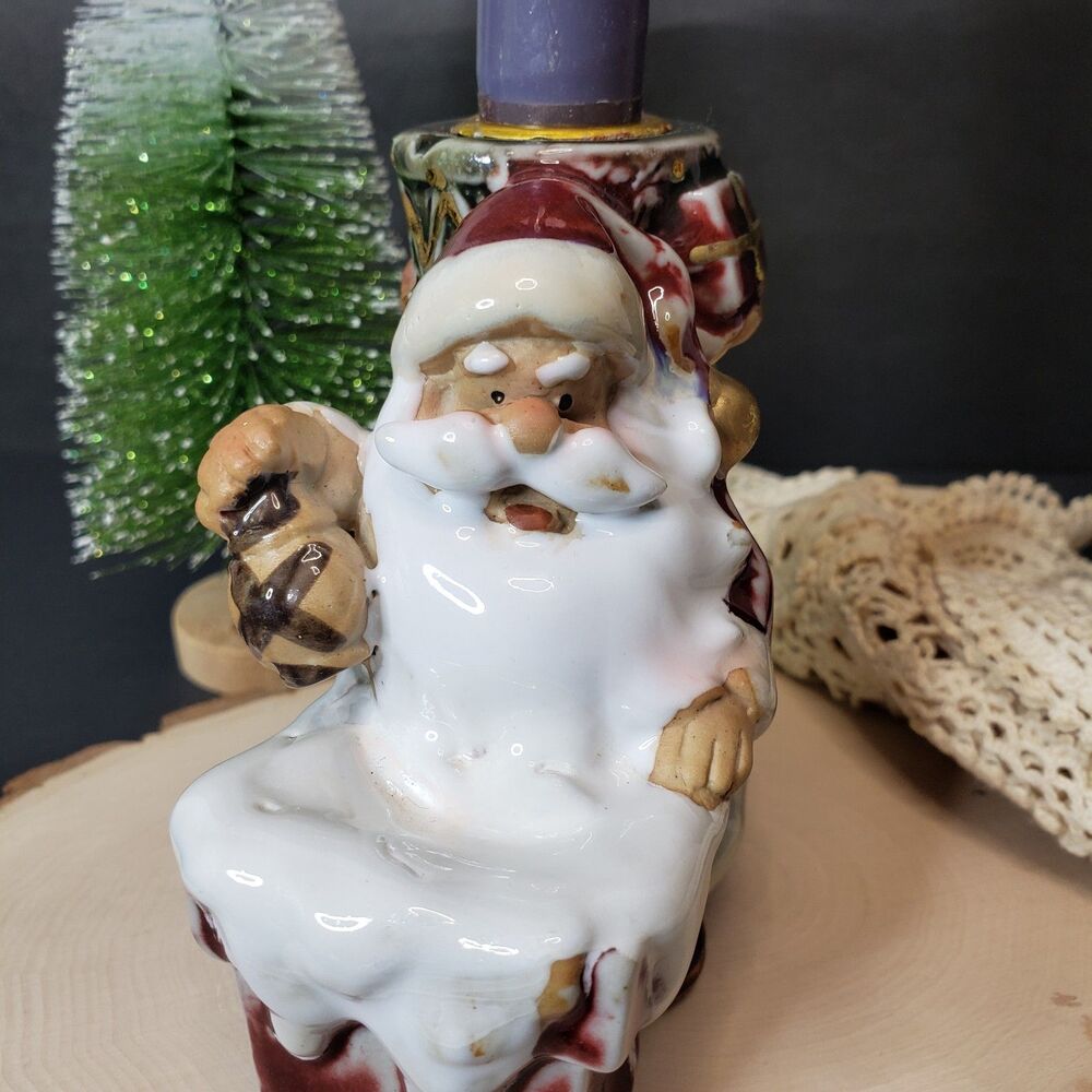 Vintage Kirkland Red Ceramic Santa Claus Chimney Taper Candle Holder Decor
